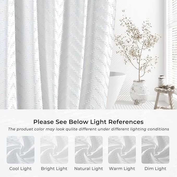 Extra Long Shower Curtains 72 x 84 Inches White Tufted Chevron Striped Fabric Shower Curtains for Bathroom Modern Shabby Chic Waterproof Cloth Shower Curtain, White