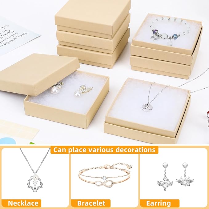 Cardboard Jewelry Gift Boxes, 80 Pack 3.5x3.5x1 Inch, Bulk Cotton Filled Small Jewelry Boxes with Lids for Necklace Ring Bracelet Earring Display Box (Brown)