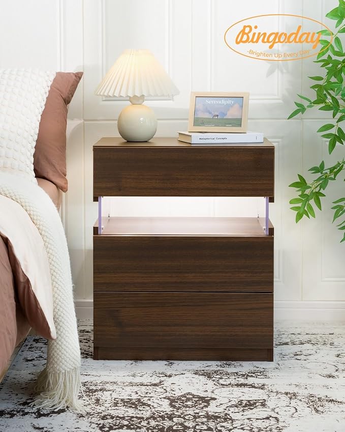 Bingoday LED Nightstand Wood LED Bedside Tables LED Night Stand with 3 Drawers End Side Tables for Bedroom Living Room
