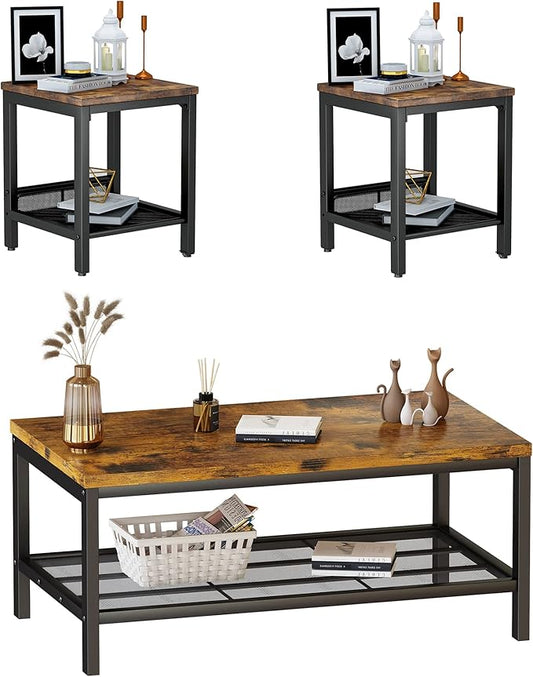 AWQM Coffee Table Industrial Coffee Table with 2 Square End Side Tables, Modern Living Room Table Set with Metal Frame for Apartment Home Office, Rustic Brown Set001