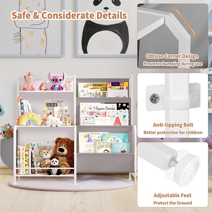 Bookshelf for Kids, 3 Tier Toddler Bookshelf with Toy Storage Organizer, Nursery Book Shelves, Kids Book Shelf Bookcase for Kid Rooms Playroom, White/Grey