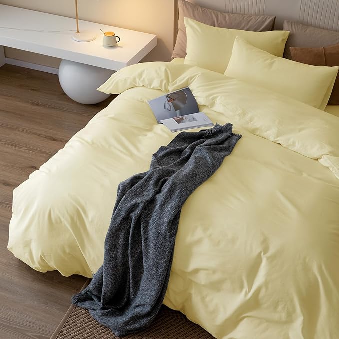 JIYUAN 100% Washed Cotton Duvet Cover Set 3 Pieces Queen, 1 Duvet Cover 90x90 Inches(Comforter Not Included) and 2 Pillowcases,Linen Feel Bedding Set Comfy and Breathable,Light Yellow