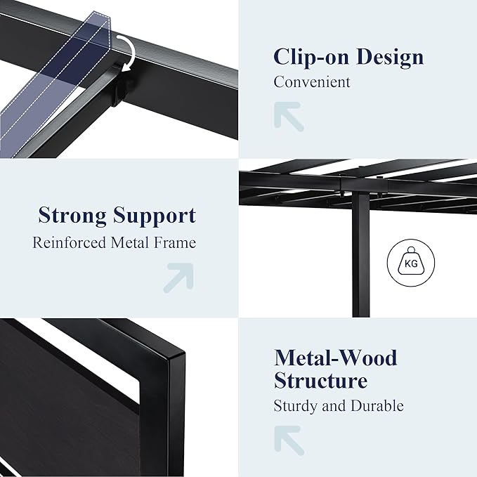 Allewie Full Bed Frame with Headboard, Heavy Duty Metal Platform Base with Strong Support, Underneath Storage Space, Stable Mattress Foundation, No Box Spring Needed, Black