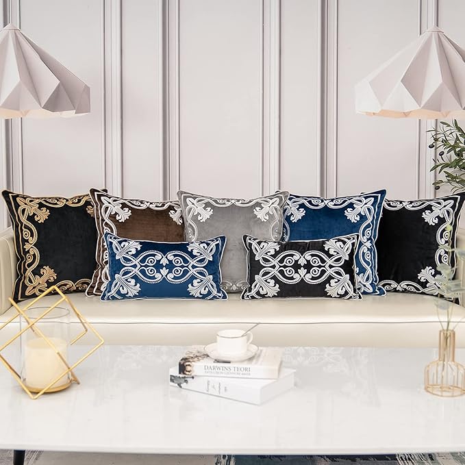 Aeckself European Floral Pillow Cover 20x20 Inch, Luxury Velvet Embroidered Decorative Throw Pillow Cover for Couch Bedroom Living Room, Navy Blue and White