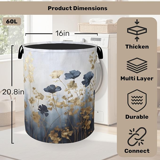 Blue Luxury Flowers Laundry Basket with Handles - Extra Large Foldable Hamper for Bathroom/Laundry/Bedroom/Dorm, Washable Fabric Storage Bin