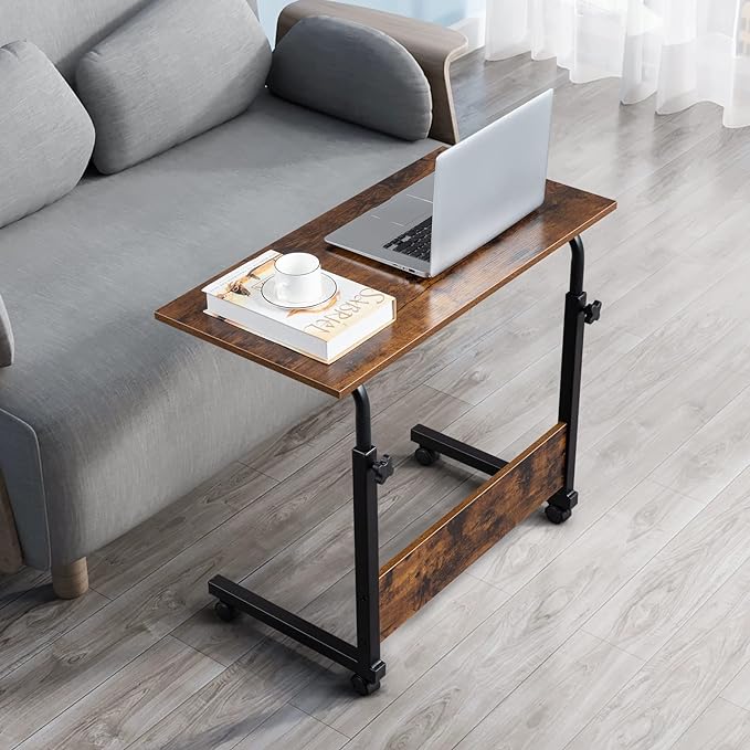 Goujxcy Sofa Side Table C Shaped End Table with Wheels, Rolling Bedside Laptop Table Snack Table TV Tray, Height Adjustable, Wooden Top & Metal Frame