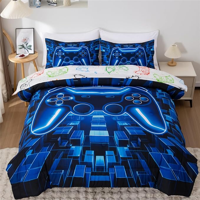 NTBED 5pcs Game Console Comforter Set for Boys Girls Kids Block Lightweight Microfiber Bedding Sets (Blue, Full)