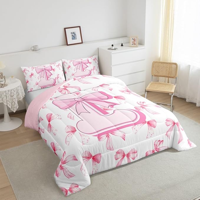 jejeloiu Kids Girls Cute Pink Bow Comforter Set Toddler Size Personalized Initial L Bedding Set Ultra Soft Monogrammed Duvet Quilt Coquette Bow Knot Quilt Set Room Decor Modern Fashion Comforter