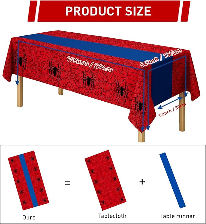 8Pcs 2in1 Spider Birthday Party Decorations Tablecloth, 54" x 108" Super Hero Table Cloth Disposable Rectangle Plastic Table Cover for Kids Baby Shower Wedding Party Supplies