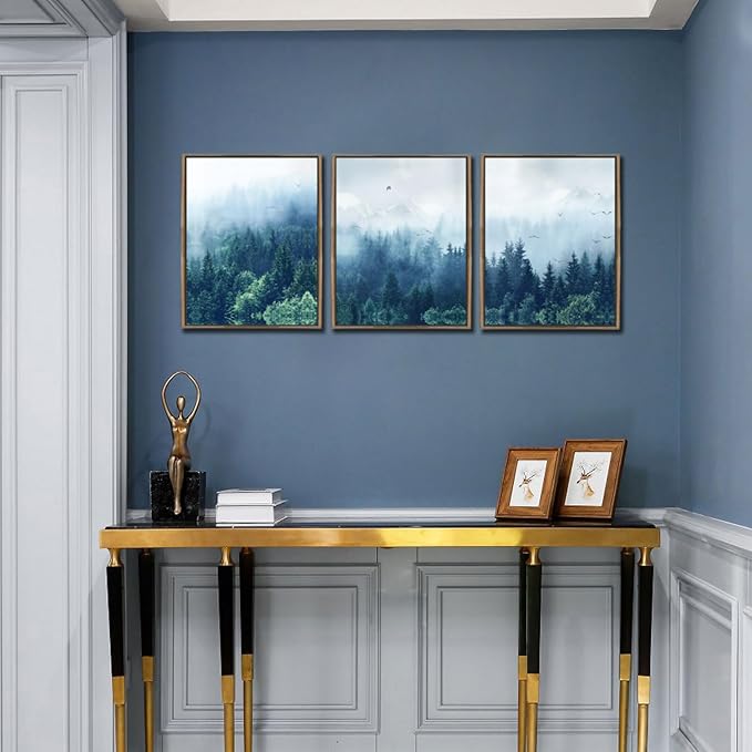 Arjun Forest Wall Art Misty Tree Indigo Blue Landscape Canvas Painting Mountain Pine Tree Nature Birds Pictures Scenery Framed for Living Room Bedroom Bathroom Home Office Wall Decor, 12"x16"x3 Panels