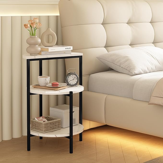 AWQM Marble Side End Table Set, 3-Tier Sofa Side Table, Small Round Coffee, Table Bedside Table of 2, Corner Table w/Metal Frame for Living Room Bedroom, White+Black