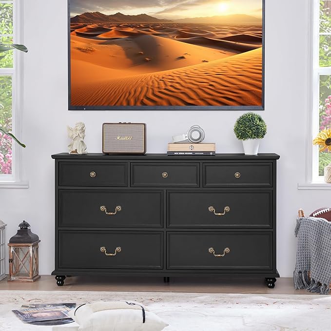 Farmhouse 7 Drawers Dresser for Bedroom, Black 54 Inch Wide Chest of Drawers w/ 4 Wooden Legs, Large Vintage Rustic Closet Dressers for Living Room, Wood TV Stand with Storage Organizer