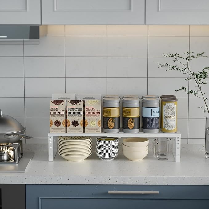 Expandable Spice Rack Organizion for Kitchen Cabinet, Seasoning,Bathroom Organizer Display Shelf, Stackable Multi-Purpose Shelves.Easy-to-Install（2Packs/White,Medium