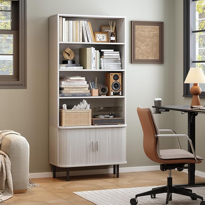 71" Tall Bookshelf, 4-Tier Bookcase with Storage Cabinet & Adjustable Shelves, Freestanding Wood Bookshelf with Sliding Door and Adjustable Footpad, for Home Office, Living Room, Natural White