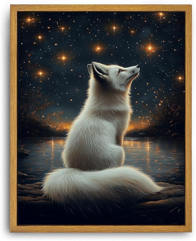Djmwtb White Fox Framed Wall Art Starry Night Canvas Wall Art Prints Woodland Animal Painting Whimsical Nature Landscape Pictures Artwork for Living Room Bedroom 12x16in