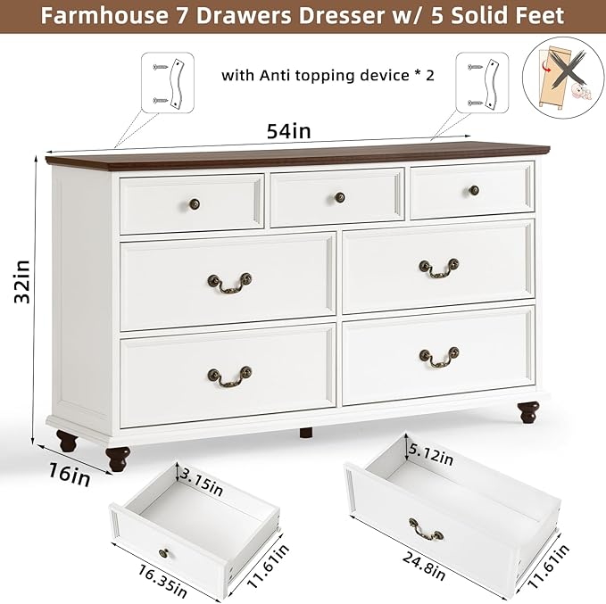 Farmhouse 7 Drawers Dresser Sets of 2 for Bedroom, White 54 Inch Wide Chest of Drawers w/ 4 Wooden Legs, Large Vintage Rustic Closet Dressers for Living Room, Wood TV Stand