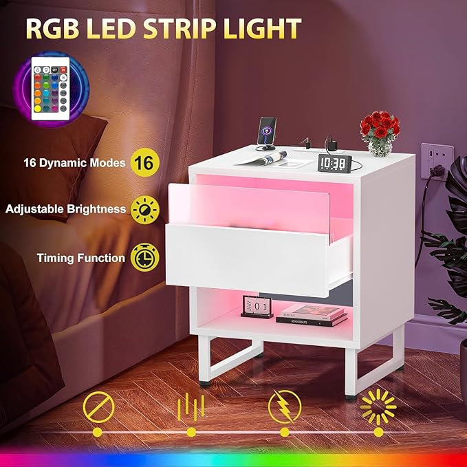 White Nightstand with LED Lighting & Outlet & Drawer Light Modern Bedside Table with Charging Station, Drawer and Shelf for Bedroom Dorm Room Decor 18.89x15.74x21.25