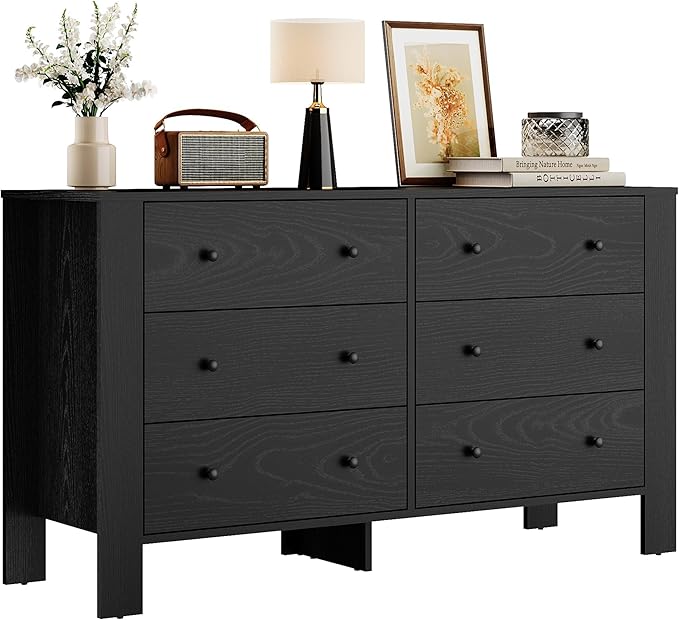 GarveeHome Black 6 Drawer Dresser for Bedroom, Modern Wide Dresser Organizer with Storage Drawers, Wooden Chests of Drawers for Bedroom, Entryway, Hallway, Home Office