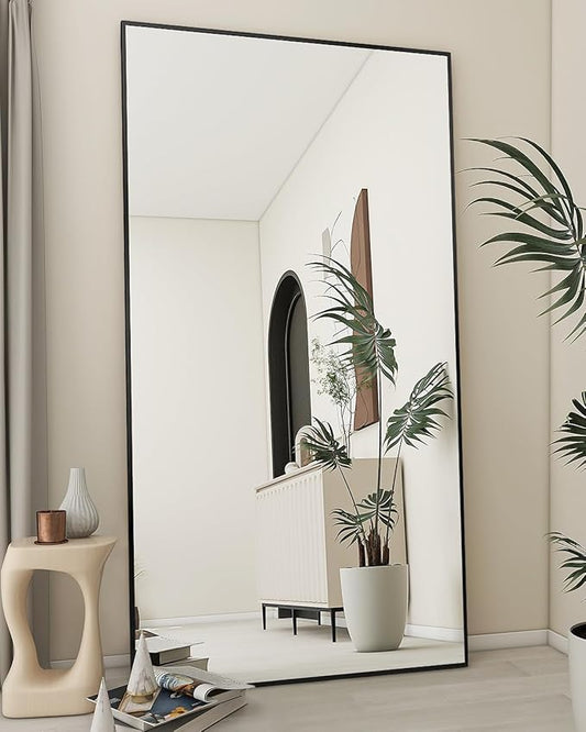 Koonmi Large Mirror Full Length 34"x76", Floor Body Mirror with Stand, Metal Frame Wall-Mounted Vanity Mirror, Hanging Leaning or Standing, Black