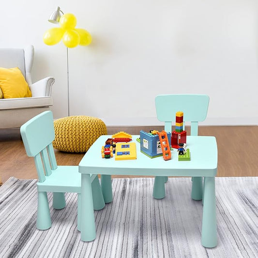 LDAILY Kids Table and Chairs, 3-Piece Children Arts Nursery Furniture for Drawing, Reading, and Painting, Light Weight Plastic Activity Kids Desk and Chair Set for Playroom, Kindergarten (Green)
