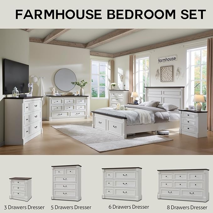 Farmhouse 5 Drawers Dresser for Bedroom, 46" Tall Dressers & Chests of Drawers w/Roman Column, Large Storage Dressers Organizer for Bedroom, Hallway, Living Room, White
