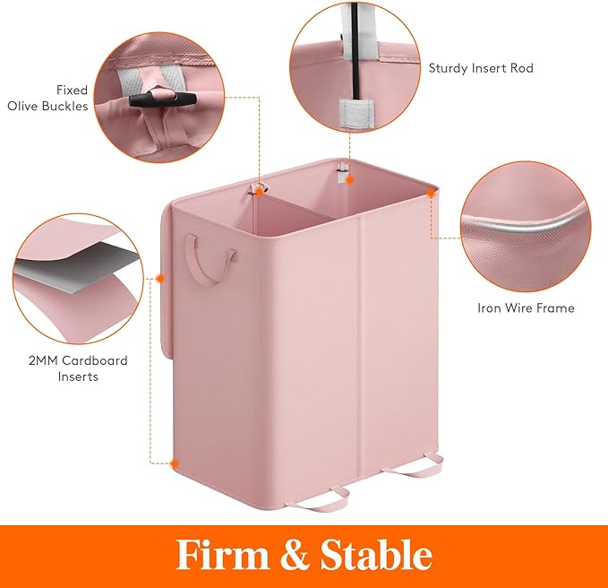 Lifewit Double Laundry Hamper with Lid and Removable Laundry Bags, Large Collapsible 2 Dividers Dirty Clothes Basket with Handles for Bedroom, Laundry Room, Closet, Bathroom, College, 155L Pink