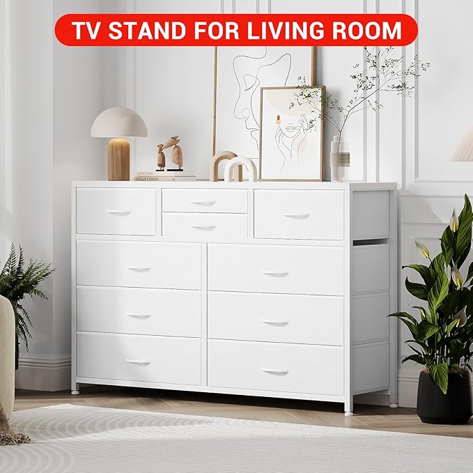 Jojoka Wide 10 Drawer Dresser,TV Stand Entertainment Center Fabric Storage Dressers Drawers for Bedroom, Hallway, Nursery, Closets, Steel Frame, Wood Top, White_1