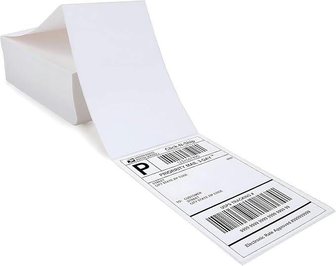 Fanfold [4 x 6 inch] x [500 Labels] Thermal Stack Direct White Strong Adhesive Perforated Postage Shipping Printer Compatible with Zebra SNBC Epson Rollo (500 Labels, Fanfold)