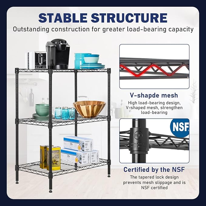 PayLessHere Shelf Shelving Pantry Storage Cabinet 3 Tier Adjustable Metal Storage Shelf 450 lbs Capacity NSF Certified Space Saving Design Adjustable Feet Easy Assembly (Black)