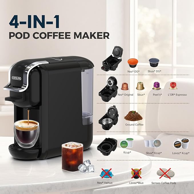 MK-603 Mini Multi Pod Coffee Maker, Hot/Cold Single Serve Espresso Machine, 4-in-1 Brewer Compatible with K Cup Pods,Nes Original/DG Capsule and Ground Coffee, Fast Brew, Black