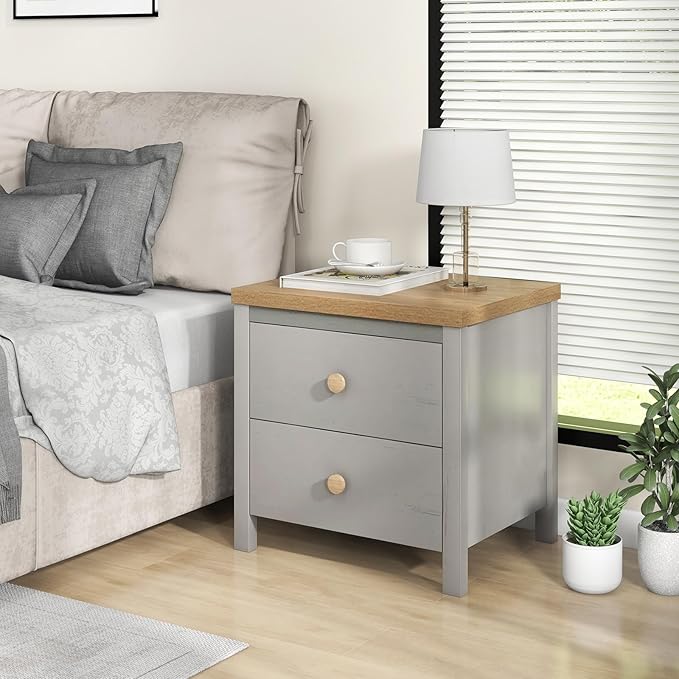 Giantex Night Stand with 2 Drawers Set of 2, Farmhouse Bedside Table with Cute Round Knobs, Wooden Floor End Table with Rubber Wood Legs, Small Sofa Side Table for Small Space Kids Bedroom, Grey