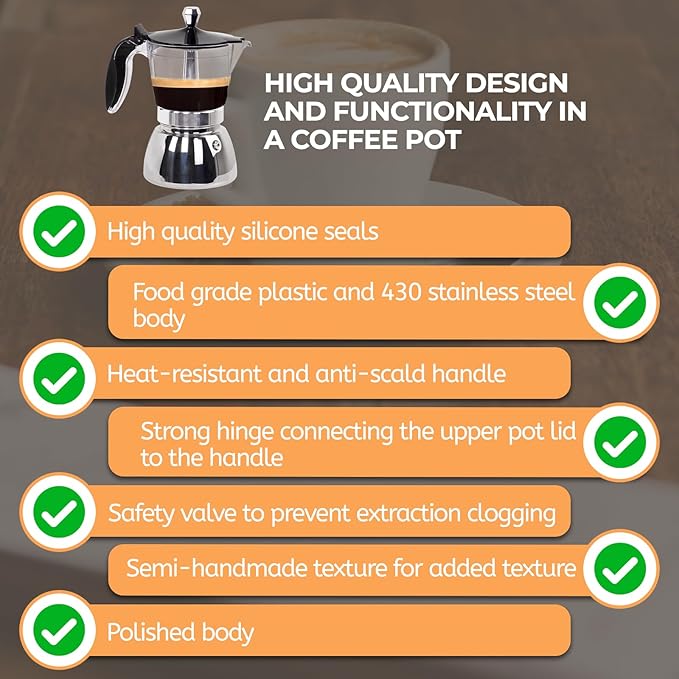 Clear Plastic Moka Pot 6 Cup 300ml Stainless Steel Coffee Maker Uncoated Stovetop Espresso Coffeemaker Italian Classic Style Brewing Greca Cafe Mocha Machine for Cafeteras Camping Travel Home Use