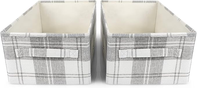 ANMINY 2PCS Storage Baskets Closet Storage Organizer Bins with Handles, Foldable Large Fabric Storage Bins for Shelves, Rectangular Baskets Laundry Clothes Blanket Cubes - Light Gray, Medium