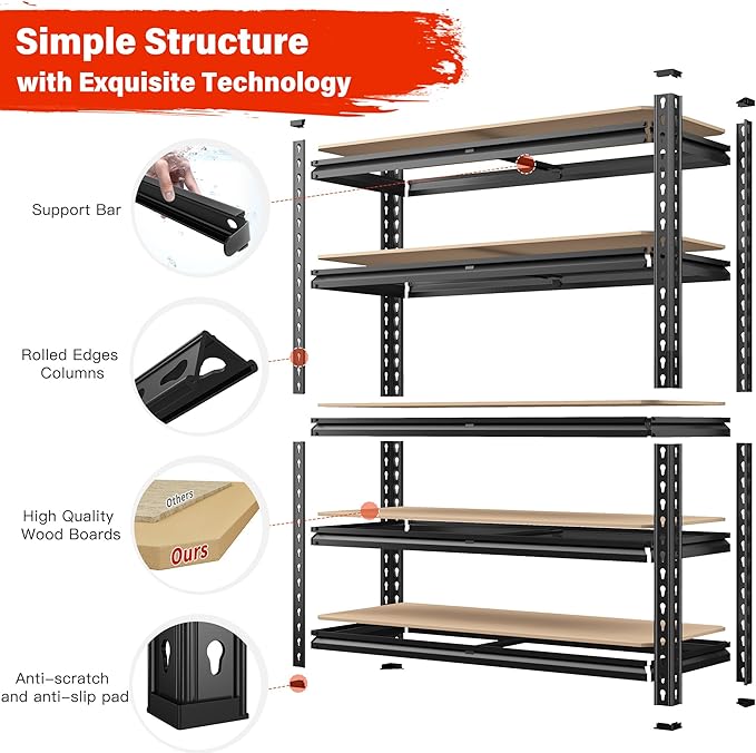 REIBII 72" Garage Shelving, Heavy Duty Storage Shelves 2000LBS, 5 Tier Metal Shelving Unit, Adjustable Garage Storage Shelves for Craft Warehouse Pantry Basement, 72'' * 35.5'' * 11.8''