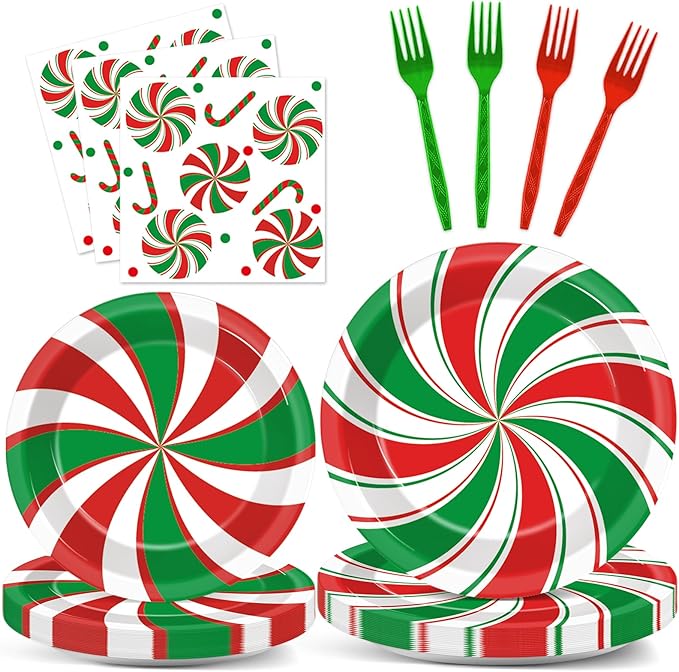 96 Pcs Christmas Peppermint Candy Party Plates Napkins Tableware Set Candy Mint Party Supplies Disposable Dinnerware Red and Green Striped Peppermint Decoration Favors for Holiday Xmas, 24 Guests