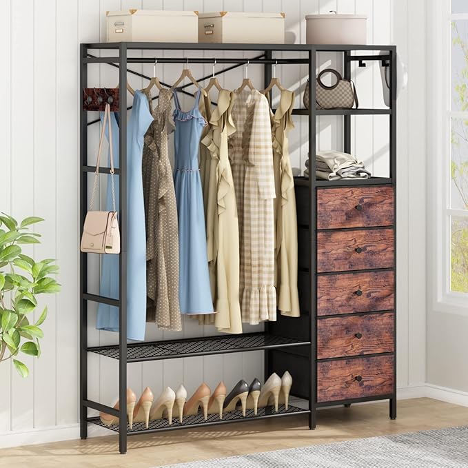 Loomie Heavy Duty Clothes Rack for Hanging Clothes with 5 Shelves & 5 Drawers, Metal Freestanding Clothing Rack with Five Hooks, Garment Rack Closet Wardrobe Rack, 70.87H x 59.06W,Max 900lbs,Rustic