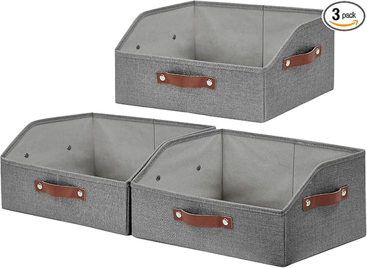 Closet Organizers and Storage, Linen Trapezoid Storage Bins with Handles, Collapsible Shelf Organizer for Blanket, Towel, Clothes, Hats, Purse (Gray)