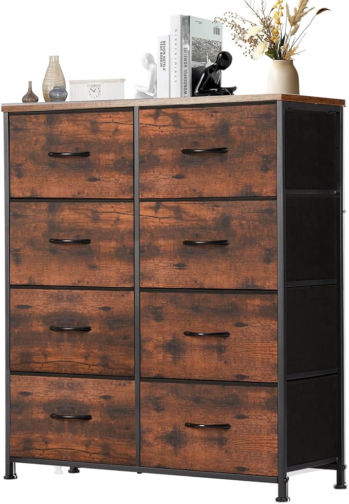 Sweetcrispy Dresser with 8 Drawers for Bedroom, Fabric Dresser Storage Tower, Chest of Drawers Organizer Unit, Storage Cabinet for Hallway, Closets, Steel Frame, Wood Top, Brown