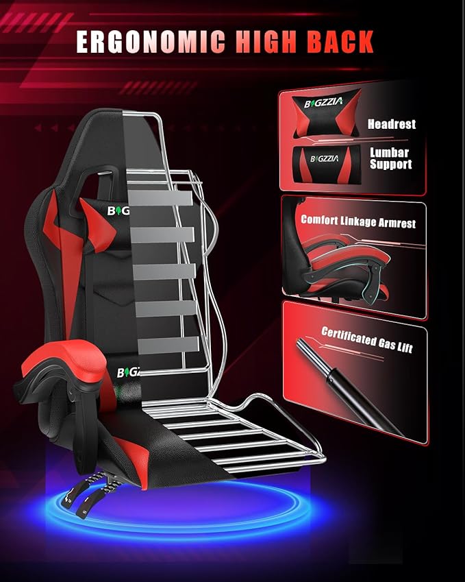 Bigzzia Gaming Chair with RGB LED Lights, High Back Ergonomic Computer Gamer Chair with Headrest and Lumbar Support, Racing Style Reclining Game Chair for Adults, Kids(Black/Red)