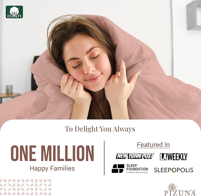 Pizuna Pure 100% Cotton King Duvet Cover Set, Luxurious 400 Thread Count Long Staple Cotton Sateen Weave with Button Closure (Combed Misty Rose Cotton Duvet Cover King)