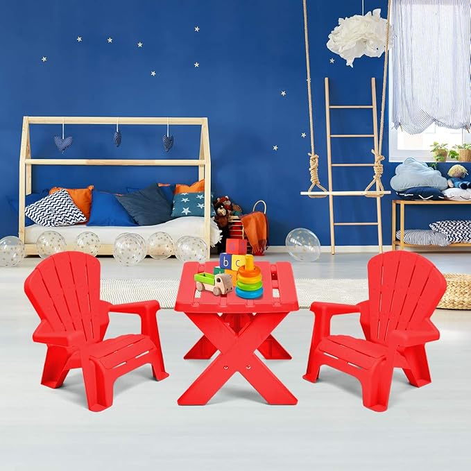 Costzon Kids Table and Chair Set, Outdoor Toddler Activity Table and Adirondack Chairs for Picnic, Garden, Patio, Backyard & Beach, Kids Outdoor Table and Chair Set (Red)