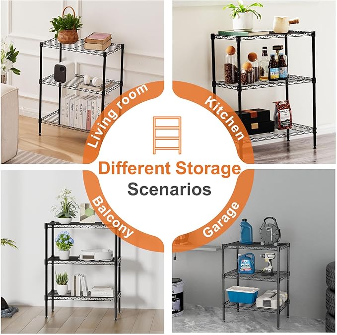 Sweetcrispy 3-Shelf Storage Shelving Unit, Adjustable Metal Wire Racks Heavy Duty Standing Shelf Organizer for Kitchen, Closet, Pantry, Garage, Bathroom, Laundry (13.8" D x 23.6" W x 30" H)