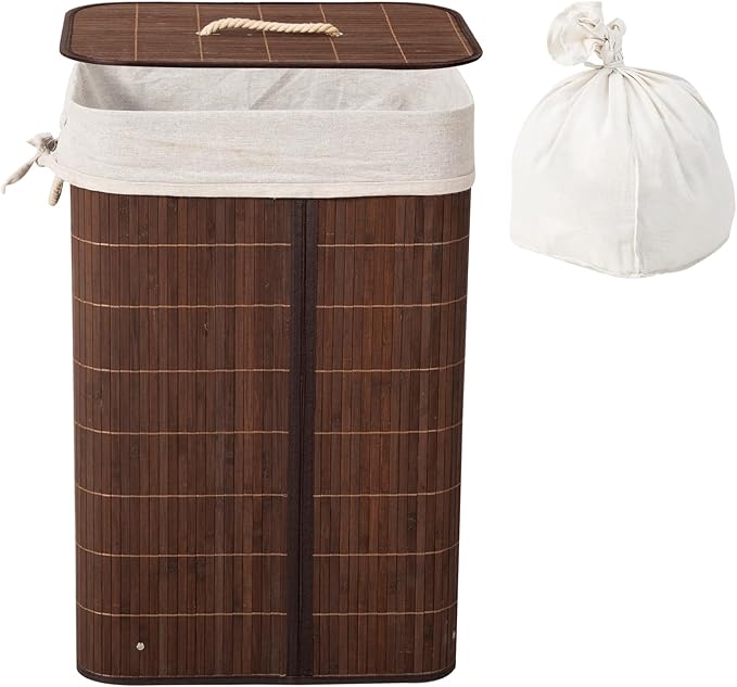 Laundry Hamper with Lid, Bamboo Laundry Basket with Handles & Removable Liner, 19 Gal (72L) Foldable Laundry Hamper for Laundry Room, Bedroom, Bathroom, Living Room (Square Brown)