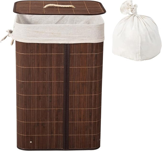 Laundry Hamper with Lid, Bamboo Laundry Basket with Handles & Removable Liner, 19 Gal (72L) Foldable Laundry Hamper for Laundry Room, Bedroom, Bathroom, Living Room (Square Brown)