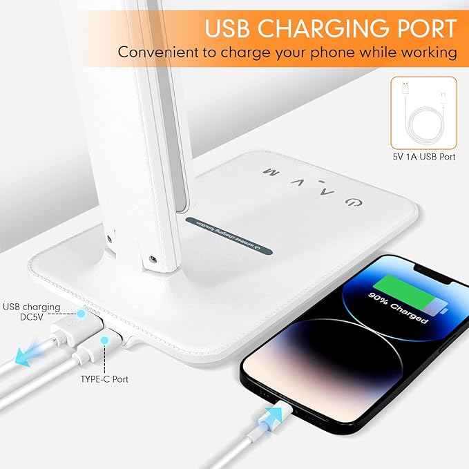 karidi LED Desk Lamp with Wireless Charger, Dimmable Table Lamp Reading Lamp with USB Charging Port, 5 Lighting Modes, Sensitive Control, Foldable Portable Desk Light for Home Office Bedroom Reading