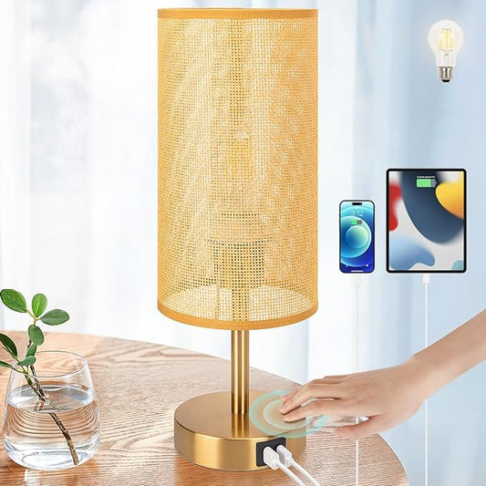 Yarra-Decor Bedside Lamp with USB Port - Touch Control Table Lamp for Bedroom Wood 3 Way Dimmable Nightstand Lamp with Round Flaxen Fabric Shade for Home Office (LED Bulb Included) (Y - NET)