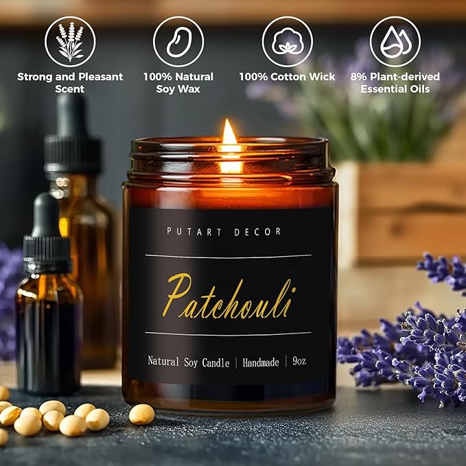 Patchouli Scented Candles for Home, 9oz Natural Soy Wax Aromatherapy Organic Santal Candle for Stress Relief, Long Burning & Lasting Jar Candle Gifts for Birthday, Housewarmings, Thanksgiving