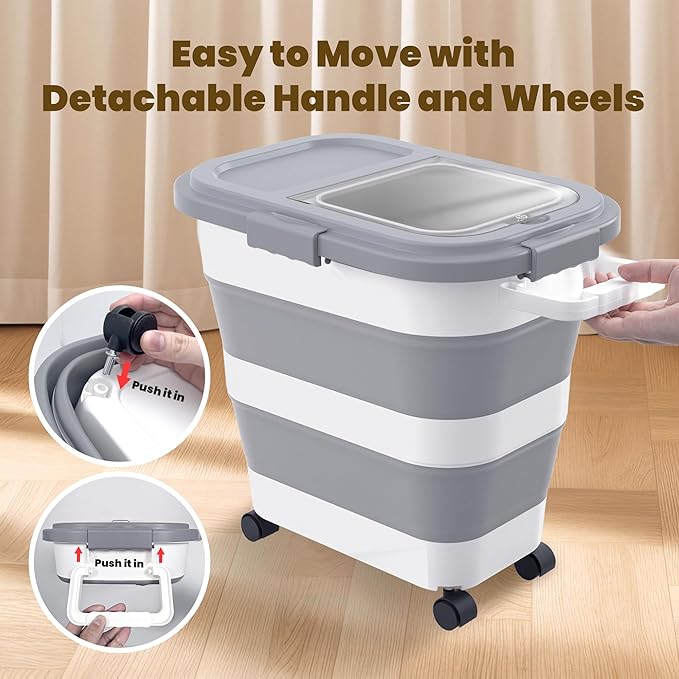 30-40Lbs Rice Container,Collapsible Airtight Food Storage Containers with Wheels,Handle,Rice Storage Container with Small Bin and Scoop,Rice Dispenser for Flour Sugar Cereal Grain Dog Cat