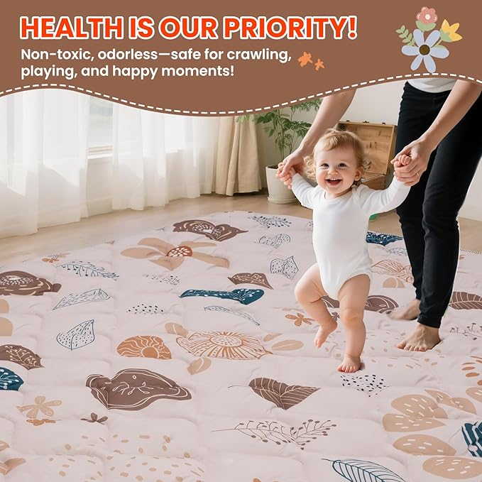 Baby Play Mat for Floor,71x59 Inch Soft Padding Crawling Mat for Playpen, Foldable and Machine Washable, Thick for Babies & Toddlers,Boho Flower