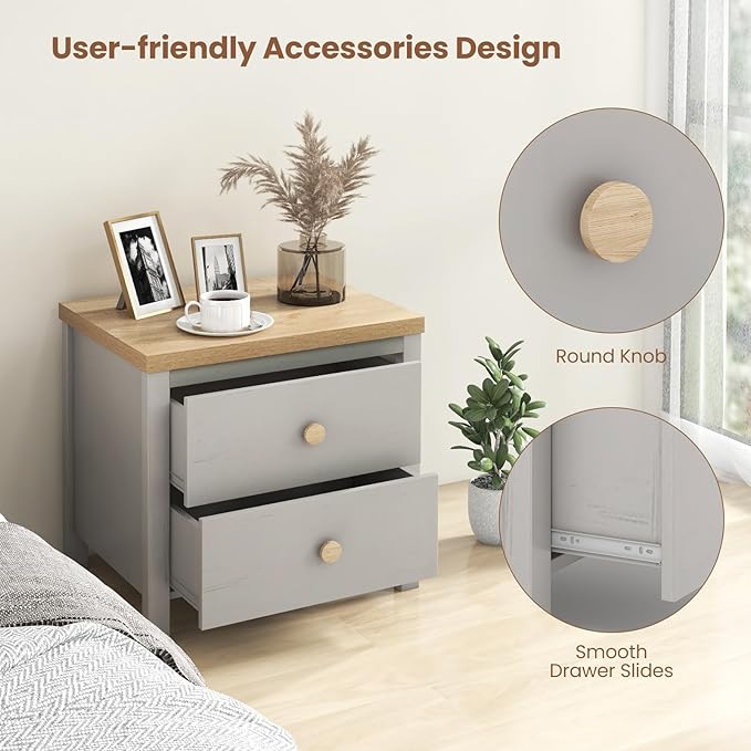 Giantex Night Stand with 2 Drawers Set of 2, Farmhouse Bedside Table with Cute Round Knobs, Wooden Floor End Table with Rubber Wood Legs, Small Sofa Side Table for Small Space Kids Bedroom, Grey